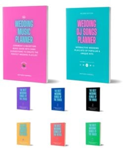 Eight colorful books are displayed upright in two rows. The top row features Wedding Music Planner and Wedding DJ Songs Planner. The bottom row shows six smaller books, each focused on best wedding songs from different decades.