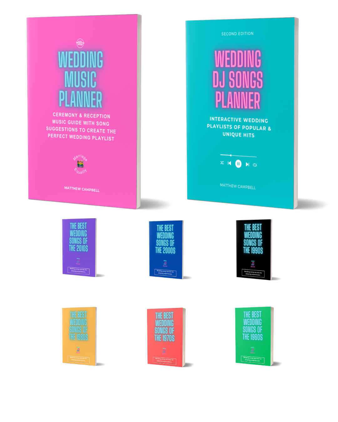 Two large books titled Wedding Music Planner and Wedding DJ Songs Planner stand side by side above eight smaller colorful books, each representing wedding music guides for the 70s, 80s, 90s, and 2000s.