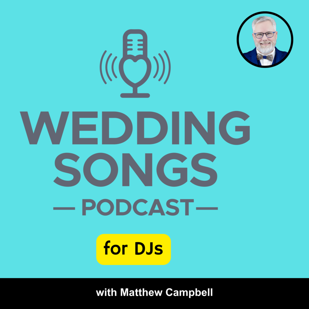 A blue graphic with a microphone icon, a photo of a smiling man in a suit, and the text: WEDDING SONGS PODCAST for DJs with Matthew Campbell.