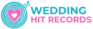 Logo with a blue vinyl record featuring a pink heart in the center and a stylized tonearm, next to the words WEDDING HIT RECORDS in blue and pink text.