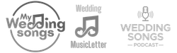 Three logos are shown: My Wedding Songs with a music note, Wedding MusicLetter with a music note, and Wedding Songs Podcast with a microphone above the text.